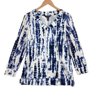 Ellen Tracy Blouse Top Womens Medium Multi Tie Dye V Neck Hand Pockets Pullover